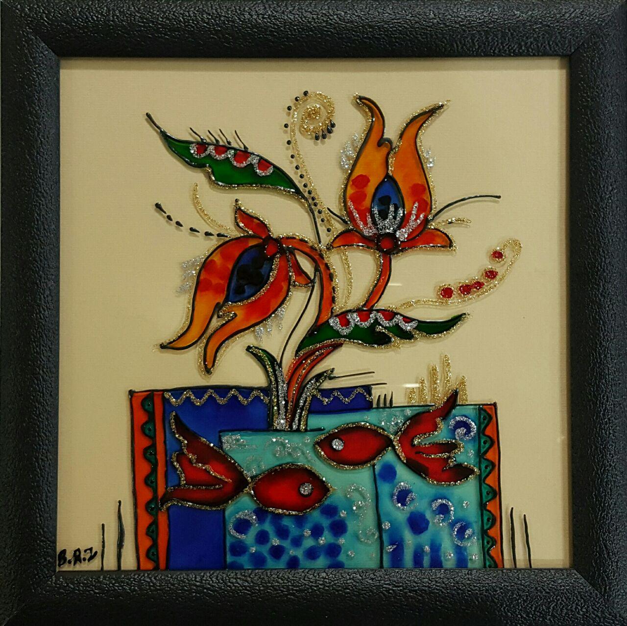 تابلو ویترای - طرح گل و ماهی